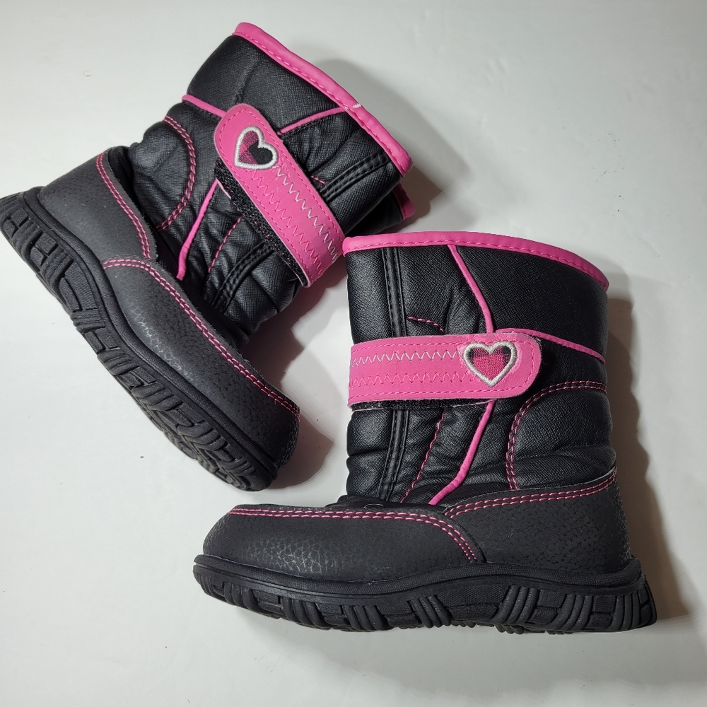 Pink Snow Boots Pink Heart and Black, easy off and on, Insulated kids boot, 8